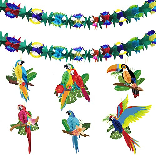 DUGYIRS 6 Stück Tropischer Vögel Deko Seidenpapier Wabenkugeln Papageienwaben Tukane und 2 Stück Girlande aus Papier für Luau Party Kindergeburtstag Tropische Partydekorationen