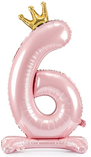 Folienballon Zahl 6 Rosa mit Krone stehend 84 cm Luftbefüllung