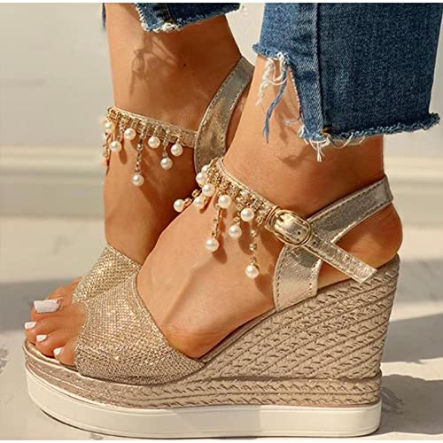 Plattformssandaler för Espadrilles,Kilsandaler dam, öppen tå plattform damskor, guld,38,Vintage plattform sandaler