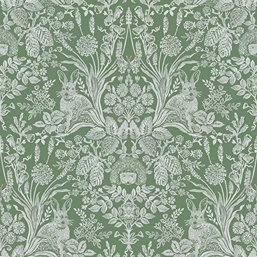 World of Wallpaper Harlen Woodland Damask, Matte, Green (50342) | Easy to apply wallcovering, Feature Wall, Rabbits, Hedgehogs, Butterflies, Flowers, Bedroom, Living Room (10.05m x 53cm roll)