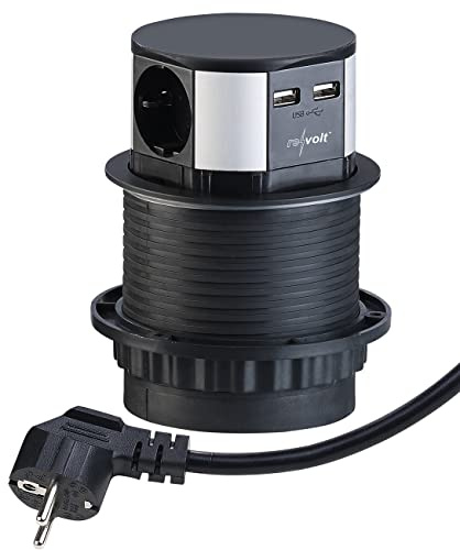 revolt Einbautischsteckdose: Versenkbare Einbau-Tisch-Steckdose, 3-Fach, 2X USB, Ø 100 mm, schwarz (Tischsteckdose versenkbar, USB Hub Tisch, Deckel)