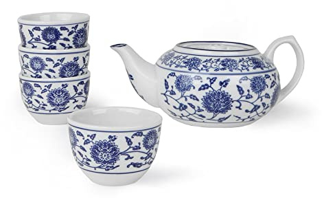Holst Porzellan QHC SET 5 Porzellan 5-tlg. Tee-Servierset im asiatischen Stil Chinadekor, weiß