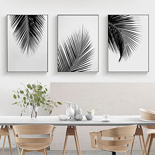 JLCZBT Schwarz Weiß Palmenblätter Bild Nordischer Lleinwandbild Minimalistische Malerei Poster Heimdekoration Rahmenlos 3 Stück (40×60cm)