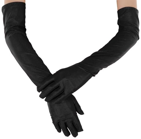 Yolev Gants Longs pour Femmes en Satin des Années 1920 Gants d'opéra Vintage Gants de Mariée Longueur du Coude Gants Elastiques（noir）