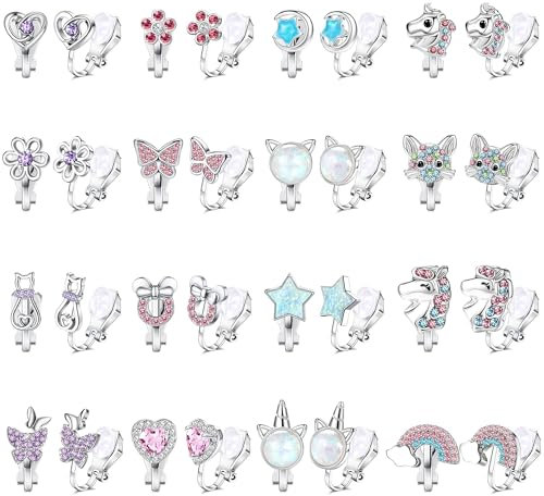 CASSIECA 16 Paar Ohrclips Kinder Mädchen Clip on Ohrringe Ohne Ohrloch Herz Stern Blumen Regenbogen Schildkröten Niedlich Rosa Hypoallergene Ohrclips für Ohne Ohrlöcher Schmuck für Kinder Mädchen