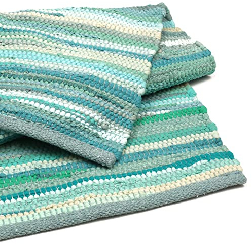 Bedding Craft Handmade Woven Tonal Chindi Rugs 24x36-Inch Rectangle, Reversible Farmhouse Braided Cotton Rug - Turquoise Multi
