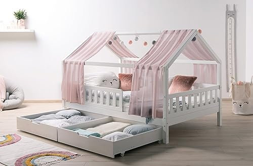 TiCAA Kinderbett 90x200 mit Zwei Schubladen mit Rausfallschutz Tüll und Rolllattenrost - Hausbett 90x200 Dachgestell für Jungen & Mädchen - Kinder Haus Bett aus Kiefernholz für Kinderzimmer Weiß