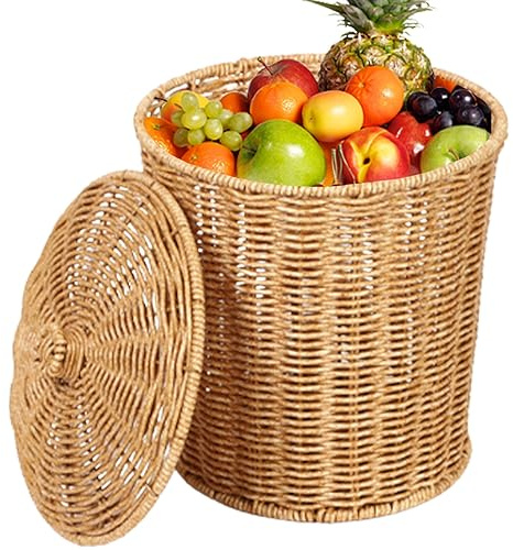Wicker Waste Basket Rattan Waste Bin Wicker Basket with Lid 9x11 Inch Simple Style Wicker Trash Can With Lid Round Woven Laundry Baskets for Bedroom Living Room and Bathroom Home Decor