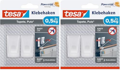 tesa Klebehaken Tapeten & Putz - selbstklebender Haken - ideal zur Befestigung von Girlanden & Lichterketten - hält bis zu 0,5kg/Haken - spurlos ablösbar (Packung mit 2)