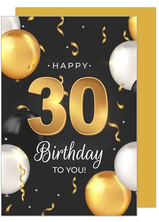 Edition Seidel Premium Glückwunschkarte zum 30. Geburtstag mit Umschlag. Geburtstagskarte Grusskarte Billet Karte Happy Birthday Mann Frau Luftballons Schwarz Gold (GZ351-30 SW024)