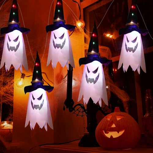 5 Stück Halloween Geister-Lichterketten - Deko für Outdoor, Hängende Geister für Hof, Party, Garten Dekoration