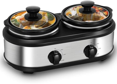 Olla de cocción lenta doble, tapa de vidrio templado y soporte de tapa, 3 temperaturas ajustables, olla multifunción de acero inoxidable