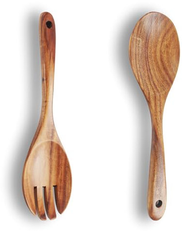 2Pcs Serveurs à Salade en Bois, Couverts à Salade en Bois, Set de Couverts à Salade en Bois, Cuillère à Salade et Fourchette en Bois, Ustensiles de Cuillère à Salade à Long Manche en Bois