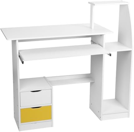 Fiauli Computertisch mit breiter Schreibtischplatte und Tastaturschublade, Home-Office-Schreibtisch 2 Schubladen 3 Fachböden, Chefschreibtisch aus Holz, Schreibtisch, PC-Schreibtisch für Weiß