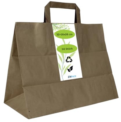 Enpack - 50 Papiertüten braun mit Henkel - Geschenktüten für kleine Geschenke 32+16x26 cm - Papiertragetaschen aus Kraftpapier - Braune Papiertüten - Papier Geschenktaschen zum befüllen