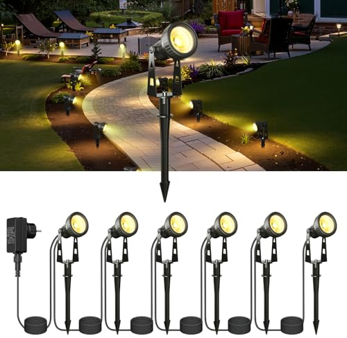 Kawaya Gartenbeleuchtung mit Strom 6Pcs Gartenlampen für Draußen Ip68 Wasserdicht Gartenleuchten 36V/18W Gartenstrahler 20M Led Außen Gartenlampe 3200K Gartenlampen Strahler mit Erdspieß
