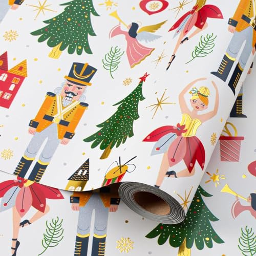 Wikadlik Papier cadeau de Noël – 43 cm x 10 m en feuille d'or métallique brillant Casse-noisette filles danse ballet cadeau cadeau pour les vacances, loisirs créatifs décoration