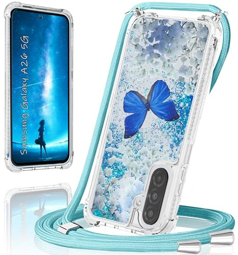 XCYYOO Handykette für Samsung Galaxy A26 5G Hülle mit Band,Handyhülle für Samsung A26 5G Glitzer Schmetterling mit Kette TPU Bumper Kratzfest Transparent Stoßfest Schmetterling Schutzhülle mit Kordel