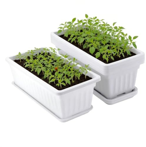 UNGFEI 5 PCS 17 Inch Window Herb Planter Box, 43 x 19 x 14cm Rectangular Planter Pot with Trays, Herb Pots for Indoor Outdoor Vegetables, Succulents Plants, Flowers