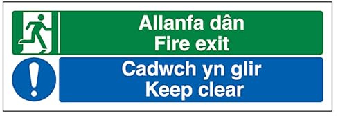 V Safety Walisisch/Englisch – Fire Exit/Keep Clear Hinweisschild, 450 x 150 mm, 2 mm, superrobuster Hartkunststoff