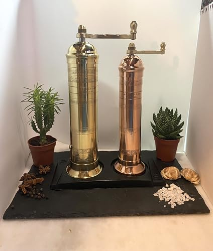 The European Authentic Greek 2-Piece Mixed Brass & Copper set: Brass Pepper Mill Grinder mill 10/10-inch & Copper Salt Mill 9/9-inch Elegant- Absolutely Exquisite Luxury Kitchen Gift Shaker 105/409