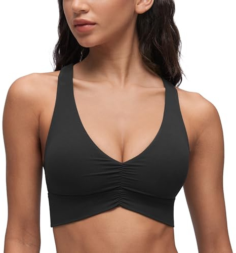 CRZ YOGA Butterluxe Ruched Longline Sports Bras for Women - V Neck Padded Yoga Tank Wide Straps Cross Back Crop Tops Black Small