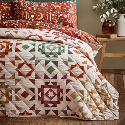 Catherine Lansfield Autumn Patchwork Geo Quilted 220x230cm Bedspread Natural