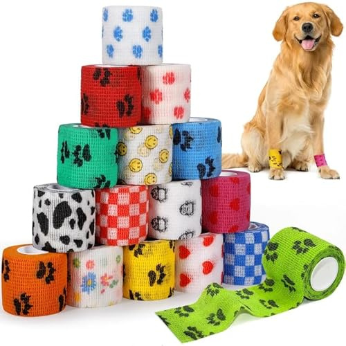 GMUFTIR Selbstklebende Bandage für Haustiere, 16 Rollen Selbstklebender Verband 5cm*4,5m, Elastische Kohäsive Haftbandage für Hund Pferd Haustier Sport Hand Arm Fuß Gelenk Finge
