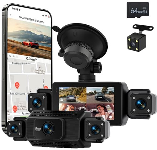 Fuluku 360 Grados 4 Canales Todo Alrededor 1080P Car Dash CAM, 3 Pulgadas IPS Pantalla con WiFi/64GB/G-Sensor/Cámara Trasera/24H Modo Aparcamiento/Visión Nocturna/Grabación en Bucle