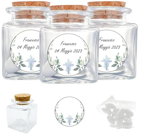 Doni Bomboniere Set Bomboniere Comunione Bimbo 12 pz Barattolini in Vetro 4x4x4 Portaconfetti Trasparenti Tappo Sughero Adesivi Personalizzabili Bustine Confetti Festa Gadget Cresima Evento