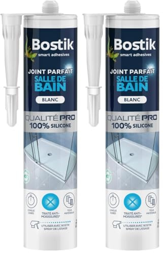 Bostik Mastic d’Étanchéité Joint Parfait Salle de Bain – Jointe Tous Matériaux – Traité Anti-Moisissures – Longue Durée – Formule 100% Silicone – Couleur : Blanc – 280 ml (Lot de 2)