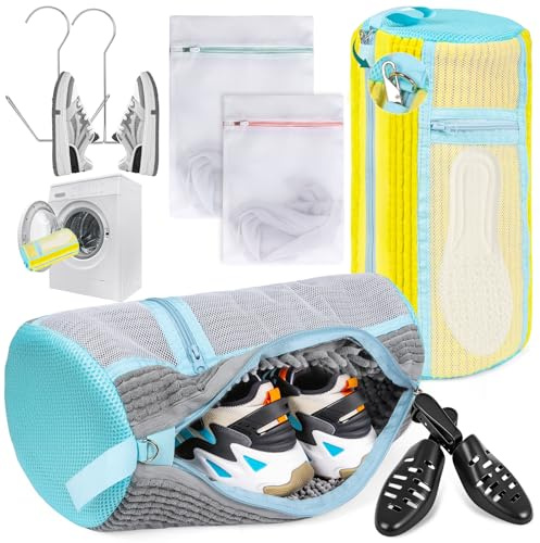 8PCS Shoe Washing Machine Bag Set, Trainer Washing Machine Bag with Upgraded Locking Zipper, Reusable Wash Shoes Bags with Adjustable Shoe Trees & Shoes Hangers, Fits Trainers, Sneakers, Canvas