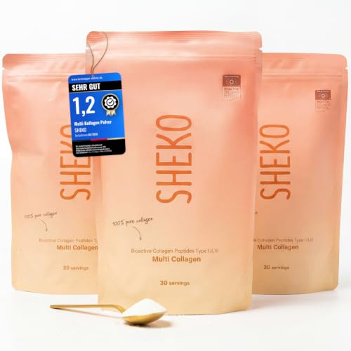 SHEKO Premium Kollagenpulver 3 x 450 g – Naturligt bioaktivt kollagenhydrolysat – Peptider typ 1, 2 och 3 – Kollagenpulver med hög löslighet – Tillverkat i Tyskland | Kollagenpeptider från nötkreatur · Neutral smak och hög löslighet · Fri från laktosfria · 3 x 450 g · Tillverkad i Tyskland