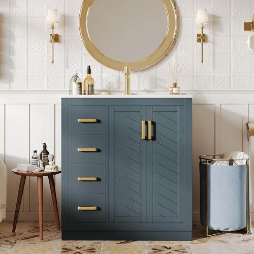 SACOOL Mobile sottolavabo con 3 cassetti e ripiano laterale, armadietto da bagno con molto spazio, cerniere a chiusura morbida e bacino in ceramica, 76,5 × 46,5 × 84,5 cm, blu