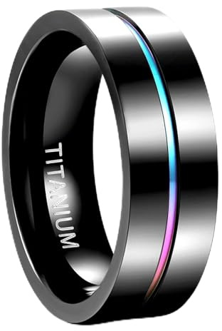 Grewod Ringe Schmuck, Damen Herren Titan 7mm Schwarz Bunt Rille Hochzeit Ringe Eheringe Verlobungsring Größe 54 (17.2)
