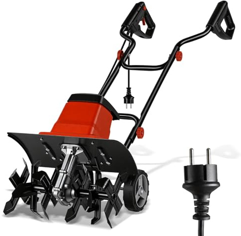 Jaxguom 1 500 W elektrisk markhacka, 400 mm arbetsbredd, 220 mm arbetsdjup, med hjul, 24 knivar trädgårdskrin, röd och svart gräsmatta, för grönsaksbädd, trädgård, gräsmatta golvbearbetning.
