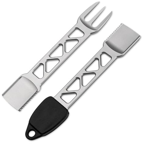 BÖKER PLUS® Metalbite - 3 in 1 Mini Camping Besteck Schlüsselanhänger - Multifunktion EDC Besteck mit Gabel, Löffel & Messer - Skelett Prybar mit Schaber - Pommes-Gabel & Pieker für unterwegs