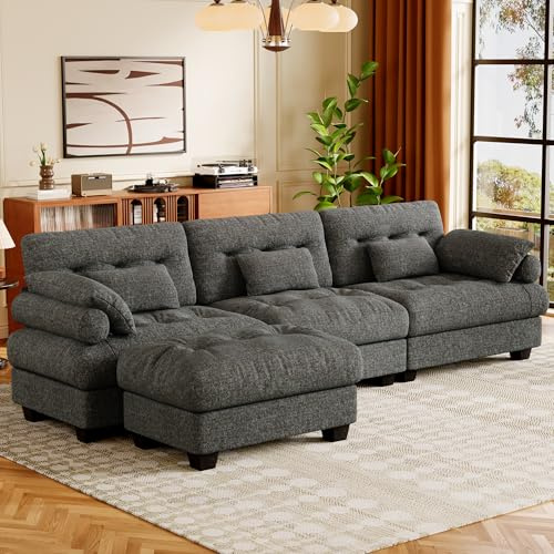 Vipbear L-Form Cloud Ecksofa Sofa Couch,4 Siter Modernes Modulares Sektionssofa Sofa mit Ottomane und Armlehnen/Dekokissen,Sofa mit Schlaffunktion für Wohnzimmer Schlafzimmer,Chenillestoff,Grau
