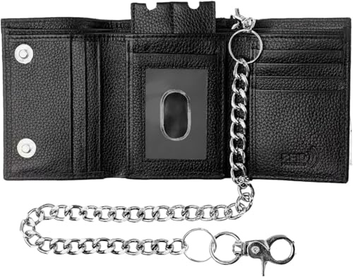 Men’s Trifold Leather Wallet with RFID Blocking – Black Genuine Leather Biker Wallet with Chain, Secure Snap Closure Design in USA New in Box
