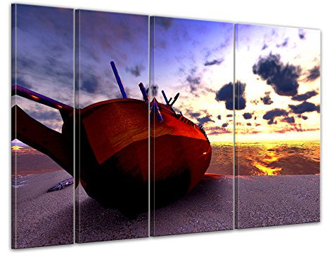 Keilrahmenbild Boot am Strand - 180x120 cm quer mehrteilig Keilrahmenbilder Bilder als Leinwanddruck Fotoleinwand Landschaften Küste - Boot im Sonnenuntergang