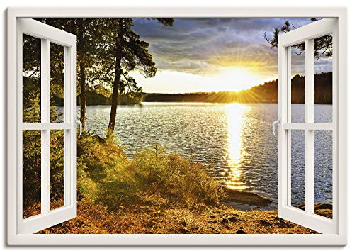 ARTLAND Wanddeko Leinwand Bilder Wandbild 100x70 cm Fensterblick Fenster Landschaft Natur Wald See Sonnenuntergang Wolken K2RH