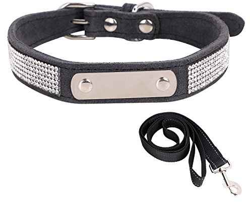 ITODA Leder Halsband mit Edelstahl ID Marke für Hunde Personalisierter Hundehalsband mit D-Ring und Hundeleine im Set Halsband mit Name Gravur für Alltagsleben Training Schwarz L