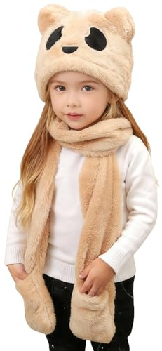 ITODA Kids Toddler 3 in 1 Hat Scarf Set Winter Warm Coral Fleece Hooded Scarf Hats Soft Full Hood Cap Thicken Thermal Beanie Hat Ear Cuff Hats Neck Warmer for Boys and Girls