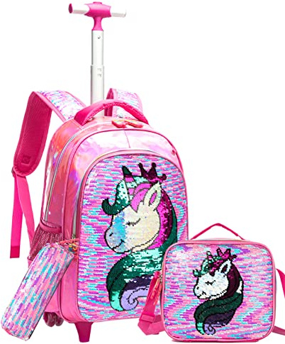 HTgroce Rucksack mit Rädern, Schulranzen mit 2 Rädern, für Kinder, Mädchen, aus Nylon, für Schule, Reisen, mit Beutel und Mäppchen.