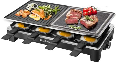 Aigostar Grill Elettrica 1500W, Grill Raclette con Pietra Naturale, Piastra Antiaderente, Raclette 8 Persone, Termostato Regolabile, Piastra Combinata, Nero
