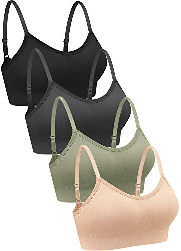 4 delar halsbraletter trådlös Cami-BH linne BH sport-bh för kvinnor flickor (svart, brun, armégrön, vit, liten), Svart, grön, mörkgrå, rosa, S