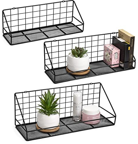 QIWODE Baldas Flotantes Pared, Estanteria Pared, Estantes Flotantes de Pared para Dormitorio, Sala de Estar, baño, Cocina, Oficina y más, Estilo Industrial, Metal, Negra(Juego de 3)