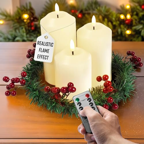 GloBrite 3-Pack Flickering Flameless LED Candles with Christmas Decorations Berry Wreath - Battery Operated Table Decoration - Ivory Pillar Candles, 24Hr Remote & Timer