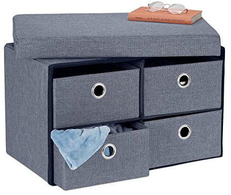 Relaxdays Sitzbank mit Stauraum, faltbar, 4 Schubladen, Flur, Wohn- & Schlafzimmer, Sitztruhe, HBT 39 x 60 x 38 cm, grau