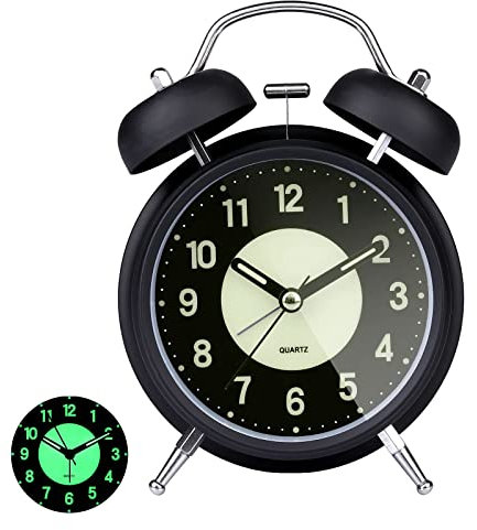 GINZER Traditional Retro Twin Bell Alarm Clock, Non Ticking Silent Bedside Alarm Clock with Backlight, Desk Clock With Nightlight, Loud Alarm for Heavy Sleepers Kids Bedrooms Office, Battery Operated